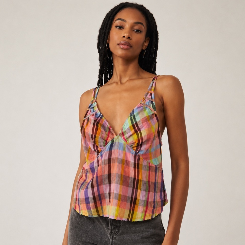 We The Free | Free People — Vibrant Y2K Madras Plaid Halter Top | Cotton